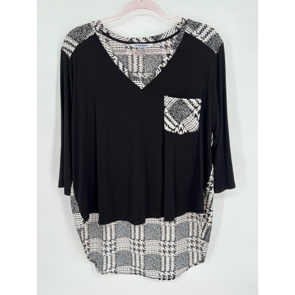 Nygard‎ Houndstooth Trim Tunic Top V-Neck 3/4 Sleeve Pullover Blouse PL